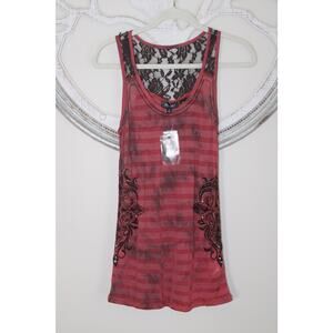 Miss Me Lace Back Tank Top Women’s Large Red Stripe Embellished Sleeveless